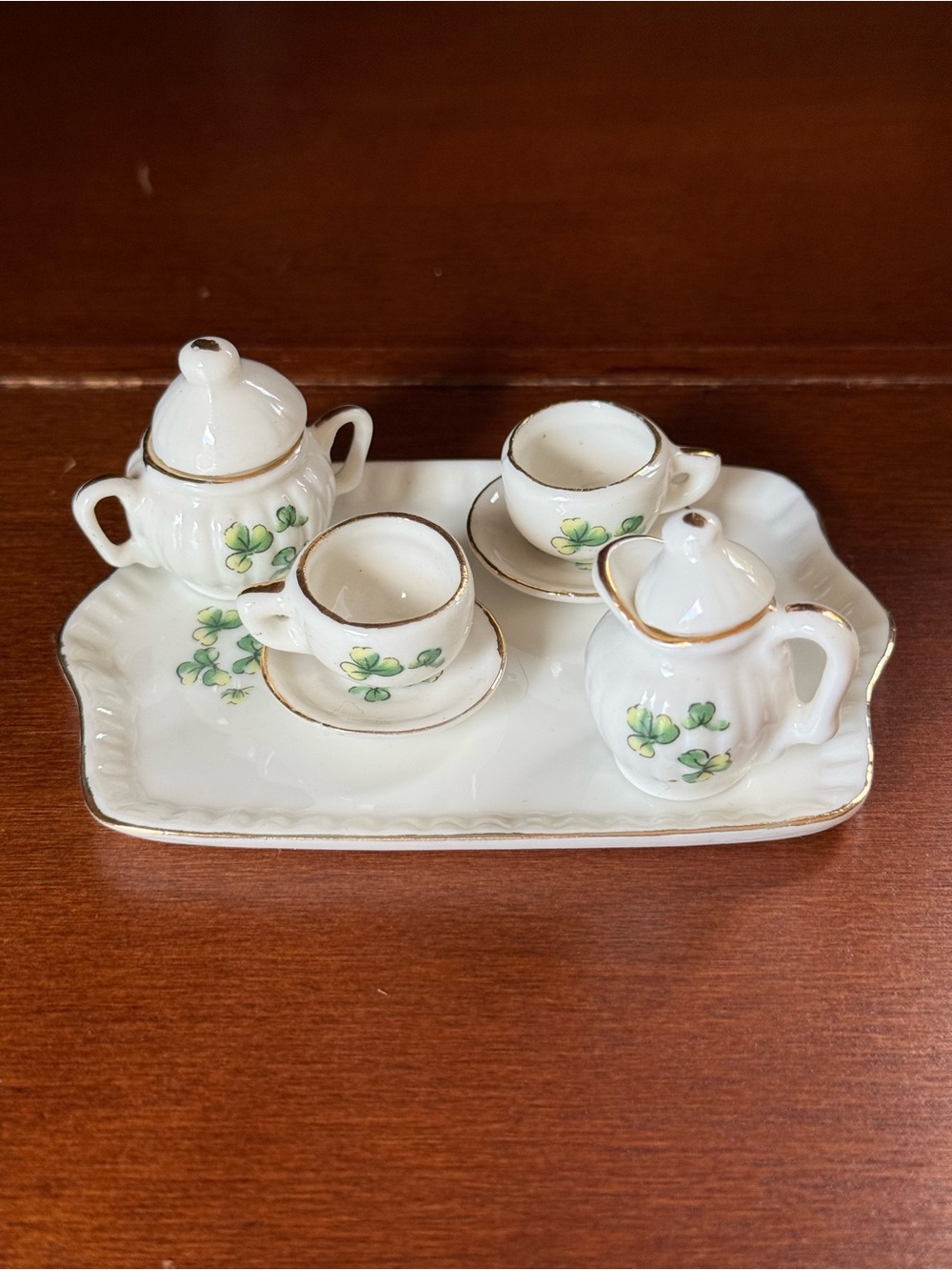 Vintage Lefton Mini Shamrock Tea Set 9 Pc Clover Gold Trim